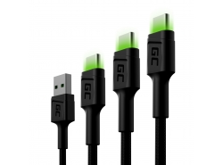 Set 3x Green Cell GC Ray USB kábel - USB -C 30cm, 120cm, 200cm, zelená LED, rýchle nabíjanie Ultra Charge, QC 3.0