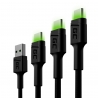 Set 3x Kábel USB-C Typ C 30cm, 120cm, 200cm LED Green Cell Ray s rýchlym nabíjaním, Ultra Charge, Quick Charge 3.0