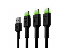 Set 3x Green Cell GC Ray USB kábel - USB -C 120cm, zelená LED, rýchle nabíjanie Ultra Charge, QC 3.0