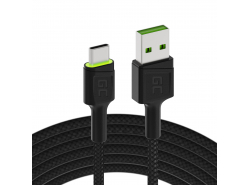 USB kábel Green Cell GC Ray - USB -C 200 cm, zelená LED, rýchle nabíjanie Ultra Charge, QC 3.0