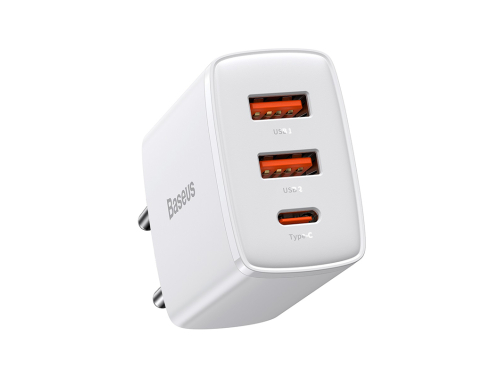 Sieťová nabíjačka Baseus 30W, 2xUSB-A, USB-C, PD, 3A, Biela farba - Rýchle a bezpečné nabíjanie