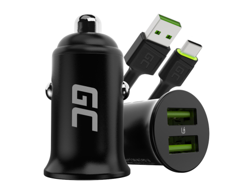 Green Cell Nabíjačka USB PowerRide Nano36, 2x USB-A, 36W s rýchlym nabíjaním Ultra Charge + LED Kábel USB-C 120cm