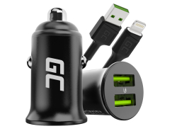 Green Cell Nabíjačka USB PowerRide Nano36, 2x USB-A, 36W s rýchlym nabíjaním Ultra Charge + LED Kábel Lightning 120cm