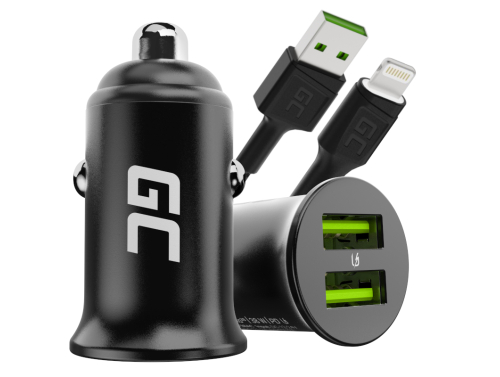 Green Cell Nabíjačka USB PowerRide Nano36, 2x USB-A, 36W s rýchlym nabíjaním Ultra Charge + LED Kábel Lightning 120cm