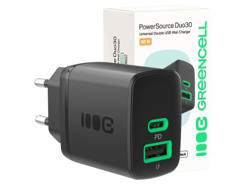 Green Cell PowerSource Duo30 nabíjačka USB/USB-C čierna, napájací adaptér 30 W s Power Delivery