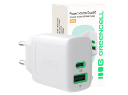 Green Cell PowerSource Duo30 nabíjačka USB/USB-C biela, napájací adaptér 30 W s Power Delivery