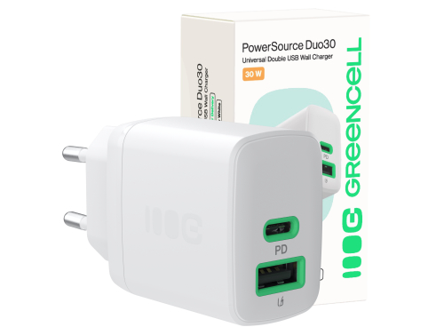 Greencell PowerSource Duo30 Ladegerät USB/USB-C Weiß Power Adapter 30W Power Delivery