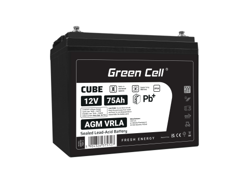 Green Cell CUBE AGM IP54 12V 75Ah akumulátorová bezúdržbový akumulátor rybarska lod obytné auto fotovoltaika