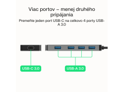 Adapter Basic HUB Greencell USB-C 4in1 (4×USB-A 3.0) – rýchly prenos do 5 Gb/s, hliníkový kryt