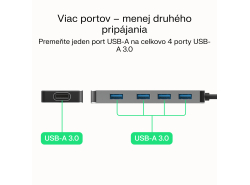 Adapter Basic HUB Greencell USB-A 4in1 (4×USB 3.0) – rýchly prenos do 5 Gb/s, hliníková skrinka